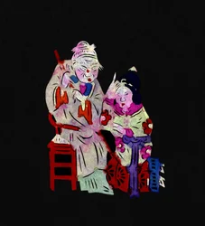 Echtpaar met oude vrouw en jong meisje. Geschilderd papierknipsel of "Jian Zhi", Chinese volkskunst, Pekin.