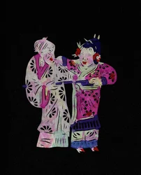 Echtpaar met oude vrouw en jong meisje. Geschilderd papierknipsel of "Jian Zhi", Chinese volkskunst, Pekin.