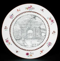 Dinerbord versierd en grisaille met Rose Famille email die Jacob Bobart (1599-1680) met een geit en een hond afbeeldt, Qianlong periode (1736-95)