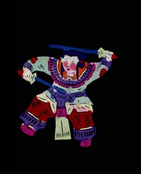 Vrouwelijk personage beoefent vechtkunst met twee zwaaien. Geschilderd papierknipsel of "Jian Zhi", Chinese volkskunst, Pekin.