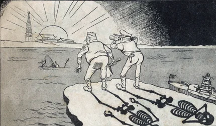 Generaal MacArthur met zijn skelettenschaduw die naar de tweeling van de Volksrepubliek China kijkt. Spotprent, in "Satirische tekeningen", Peking