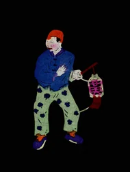 Mannelijk personage dat een lantaarn vasthoudt. Geschilderd papierknipsel of "Jian Zhi", Chinese volkskunst, Pekin.