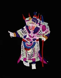 Mannelijk personage uit de opera van Pekin. Geschilderd papierknipsel of "Jian Zhi", Chinese volkskunst, Pekin.