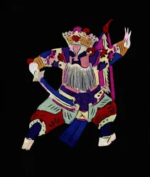 Mannelijk personage uit de opera van Pekin. Geschilderd papierknipsel of "Jian Zhi", Chinese volkskunst, Pekin.