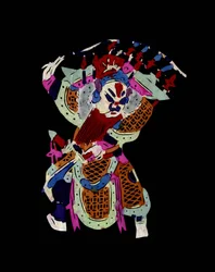 Mannelijk personage uit de Pekin Opera met masker. Geschilderd papierknipsel of "Jian Zhi", Chinese volkskunst, Pekin.