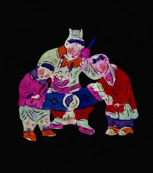 Mannelijk personage met twee kinderen. Geschilderd papierknipsel of "Jian Zhi", Chinese volkskunst, Pekin.