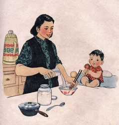Mama bereidt een babymaaltijd. Illustratie, in "Comment mieux nourish nos enfants", Uitgave Le Journal de la Sante, Pekin