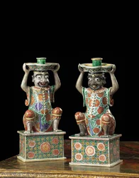Paar export famille verte kandelaars, Kangxi
