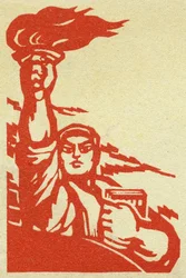 Portret van een Chinese revolutionair met een vlam en het Rode Boek van president Mao (1893-1976) in de Volksrepubliek China. Illustratie van propaganda, in "Manuel pour bien drawing", Pekin.
