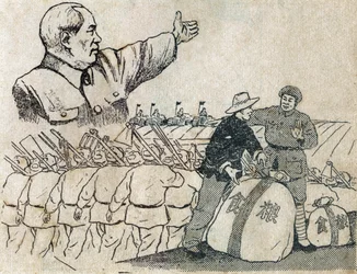 President Mao (1893-1976) toont de weg van de moderne landbouw aan de Chinese boeren. Illustratie van propaganda, in "Satirische tekeningen", Pekin
