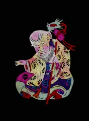 Yaowang Dian, Taoïstische God van de geneeskunde. Geschilderd papierknipsel of "Jian Zhi", Chinese volkskunst, Pekin.