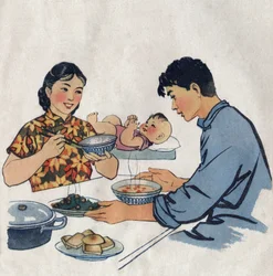 Jong stel en haar baby tijdens een maaltijd. Illustratie, in "Comment mieux nourish nos enfants", Uitgave Le Journal de la Sante, Pekin