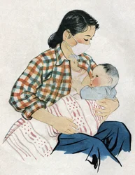 Jonge moeder geeft haar baby borstvoeding. Illustratie, in "Comment mieux nourish nos enfants", Uitgave Le Journal de la Sante, Pekin