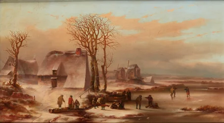 Een winterlandschap met figuren op een bevroren meer