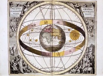 Ptolemeïsch, geocentrisch systeem van het heelal, met de positie van zon, maan en planeten, uit 