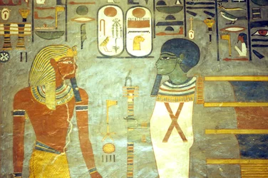 Oud Egypte, schildering, Ramses I voor Ptah, achter wie een djed-zuil staat, graf van Ramses I, Thebe