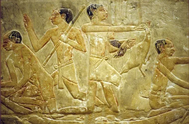 Oud Egypte, Muur gravure/schildering, Mastaba/Graf van Idout, Saqqara, Vogels vangen in het moeras, 6e Dynastie