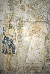 Oude Egypte, muurschildering, Graf van Petosiris, Tuna el Gebel, 300 v.Chr., Petosiris en zijn vrouw