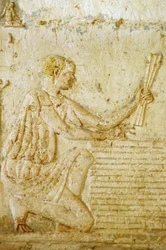 Oud Egypte, Muurgravure/schildering, Graf van Petosiris, Tuna el Gebel, 300 v.Chr., De vlasoogst (foto)