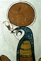 Oud Egypte, muurschildering, Horus, zonnegod, zonnesymbool, graf van Sennedjem, Thebe, Deir el Medina
