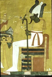 Oud Egypte, Muurschildering Graf van Inherkhau, Thebe, Osiris zittend voor offertafel, 20e Dynastie