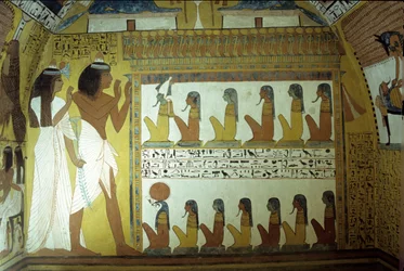 Oud Egypte, Muurschildering, Graf van Sennedjem, Muur, Sennedjem en zijn vrouw aanbidden de goden van de onderwereld, Osiris, Horus, Thebe, Deir el Medina