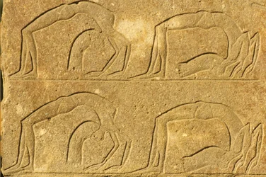 Vrouwelijke acrobaten die optreden, Karnak Tempel, Luxor