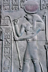 Oud Egypte, Muur schildering/gravure, Horus schrijft op papyrusrol, Tempel van Sebek en Horus, Kom Ombo