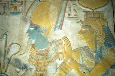Oud Egypte, Muurschildering/beeldhouwwerk, Isis en Osiris, Tempel van Seti I, Abydos