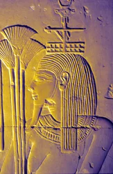 Oud Egypte, Muur schildering/gravure, Nijl God brengt offers van lotusbloemen, Tempel van Seti I, Abydos