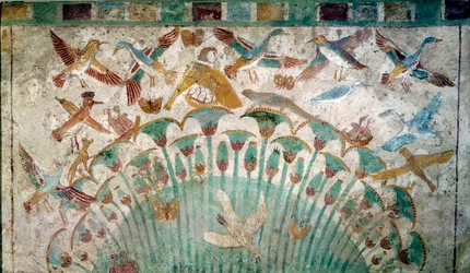 Oud Egypte: dieren in een papyrusstruik, kalksteenfragment uit het graf van Neferhotep, circa 1400 v.Chr. 18e dynastie, Afmeting 43x74 cm Parijs, Louvre museum - Egyptische antiquiteit: dieren in een papyrusstruik, Kalksteenfragment uit het graf van Neferh