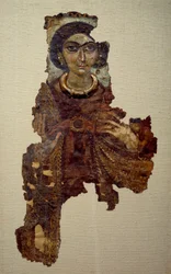 Koptische kunst: lijkwade van een vrouw genaamd dame met het kruis ansee. Schilderij op linnen doek (4e eeuw na Christus) Antinoë