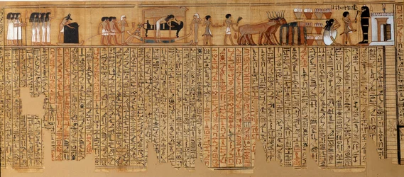 Egyptische oudheden: Dodenboek, papyrus van Nebqed. Rond 1400-1350 v.Chr. 18e dynastie. Uit Thebe. H. 6,3 m. Parijs, Musée du Louvre