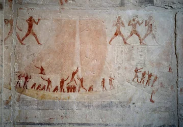 Egyptische oudheid: een zeilboot. Kalkstenen reliëf uit de kapel van Mastaba van Akhethetep in Saqqara. 5e dynastie (rond 2500-2350 v.Chr.) 2300 v.Chr. Parijs, Louvre Museum