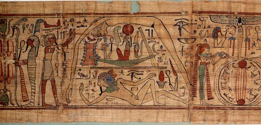 Egyptische oudheid allegorie van het kosmos: mythologisch papyrus van Neskapashouty, boekhoudschrijver van granen die kosmogonie voorstelt, met Geb, Nout, Nephtys, Osiris. 1070-664 v.Chr. 21e dynastie. Parijs, Louvre Museum