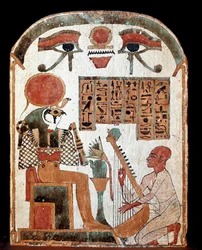 Egyptische oudheid: stèle van harpist Jedkhonsuiufankh in aanbidding voor de godheid Horus. Tussenperiode. 1069-664 v.Chr. Parijs, Louvre Museum