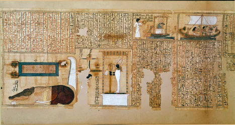 Egyptische oudheden: fragment van het Dodenboek, papyrus van Nebqed. Detail dat het wegen van zielen voorstelt. 18e dynastie. 1400-1350 v.Chr. Parijs, Louvre Museum