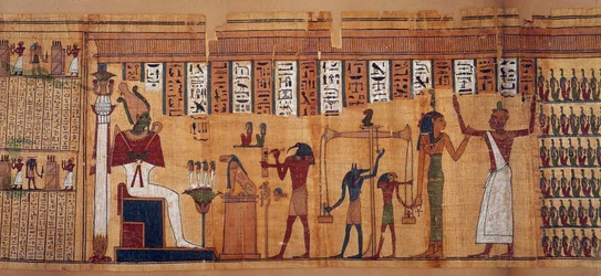 Egyptische oudheden: het wegen van de zielen, papyrus uit het Dodenboek van Chahapiimou, overste van de astronomen van Amon. Ptolemaeïsche periode (332-30 v.Chr.). Omstreeks 500-100 v.Chr. Parijs, Louvre Museum.