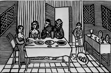 Een Elizabethaans hoerenhuis (houtsnede) (z/w foto)