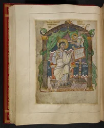 Evangelistenportret van de heilige Matteüs uit de Æthelstan-evangeliën (ook bekend als de Kroningsevangeliën)
