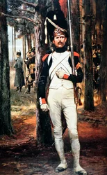 Keizerlijke gardist van Napoleons Grote Leger, met berenmuts en gewapend met een Charlesville musket van 1777