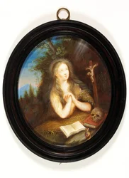 Maria Magdalena leunend tegen een bank, haar ogen gericht op een kruisbeeld