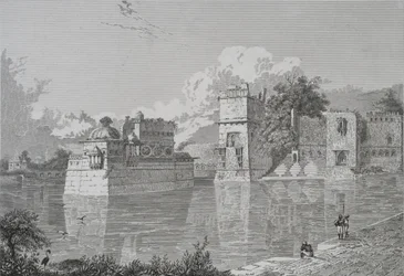 Paleis van Ranee Bheem en Pudmundi in Cheetore (Chitor, Udaipur Staat) (gravure)