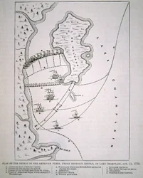 Plan van de nederlaag van de Amerikaanse Vloot op Lake Champlain (litho)
