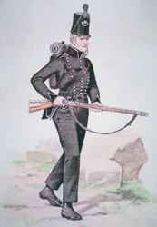 Soldaat van de 95e Rifles, ca. 1810, bewapend met het Baker-geweer, ontworpen door Ezekiel Baker uit Londen (kleur litho)