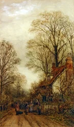 Vrouw en kinderen bij een huisje