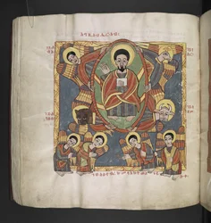 God de Vader, omringd door de cherubijnen en aanbiddende engelen. Octateuch, Evangeliën en kerkelijke werken. Een Ethiopisch manuscript. Eind 17e eeuw
