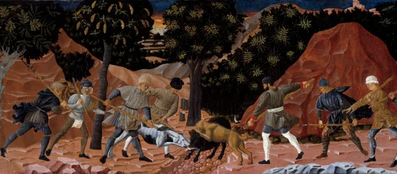Everzwijnjachtscène. Detail. Anoniem schilderij van de Florentijnse School. 1450-1460. Toulouse, Musée des Augustins