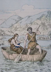 Oude Galliërs in een Coracle-achtige boot