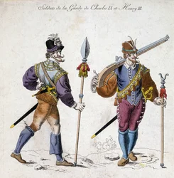 Kostuums van soldaten van de wacht van Karel IX (1550-1574) en Hendrik III (1574-1589).